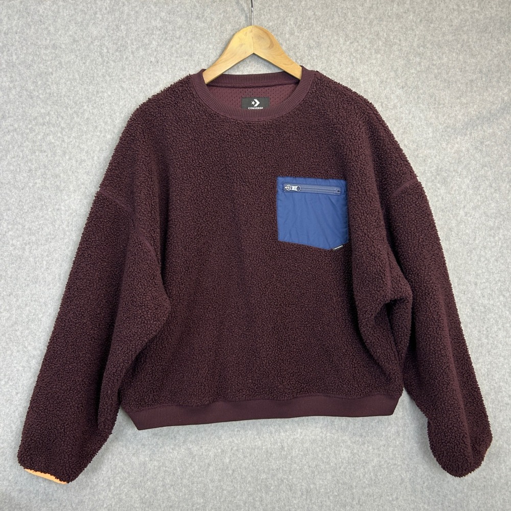 Converse Sherpa Fleece Sweatshirt Maroon Burgundy Blue Zip Pocket Size Medium